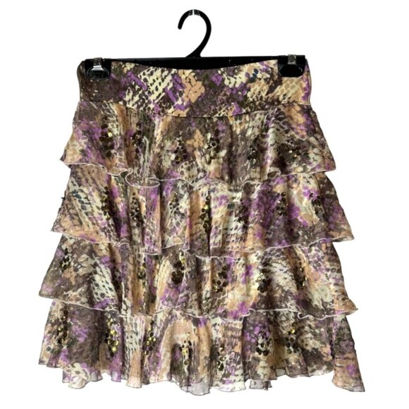 Diane Von Furstenberg Skirt Women 2 Brown Silk Snakeskin Sequins Tiered Mini‎ - Picture 1 of 8